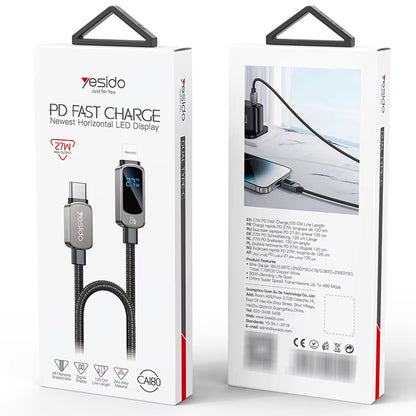 Dátový a nabíjací kábel USB-C - USB-C Yesido CA180 Display, 27W, 1.2m, čierny