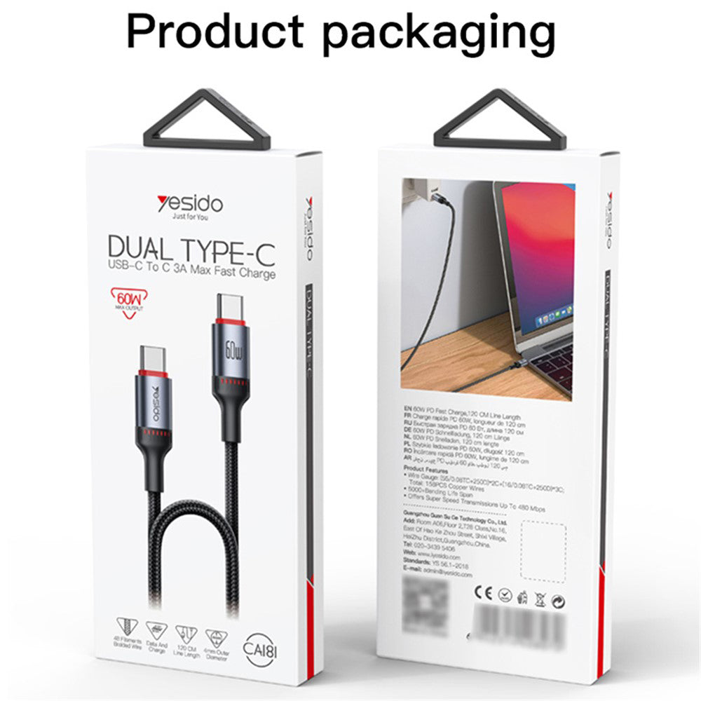 Dátový a nabíjací kábel USB-C - USB-C Yesido CA181, 60W, 1.2m, čierny