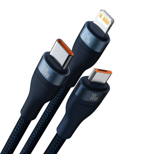 Nabíjací kábel USB-C / USB-A - Lightning / microUSB / USB-C Baseus Flash Series II, 100W, 1,2 m, tmavomodrý CASS030103