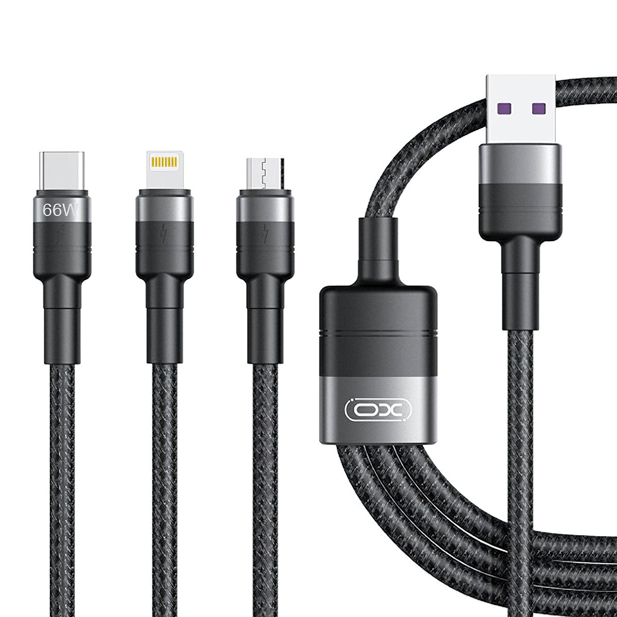Nabíjací kábel USB-A - Lightning / microUSB / USB-C XO Design NB-Q191 3in1, 66W, 1.2m, Čierny