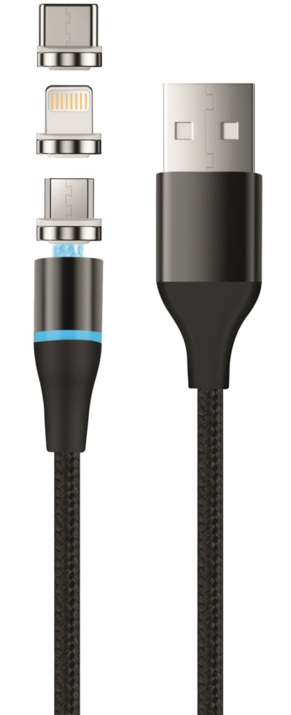 Nabíjací kábel USB-A - Lightning / microUSB / USB-C Setty Magnetic DT 3in1, 12.5W, 1m, čierny