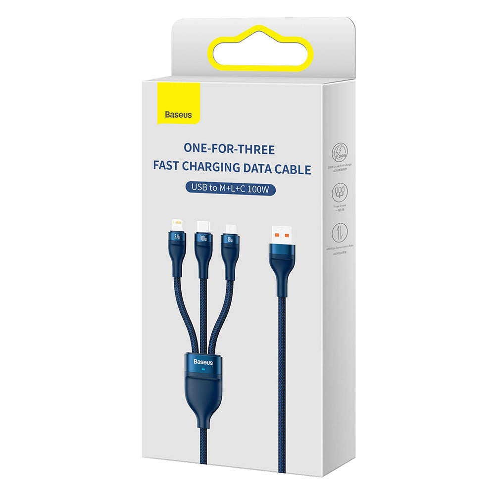 Nabíjací kábel USB-A - Lightning / microUSB / USB-C Baseus Flash Series II 3v1, 100W, 1.2m, Modrý CASS030003