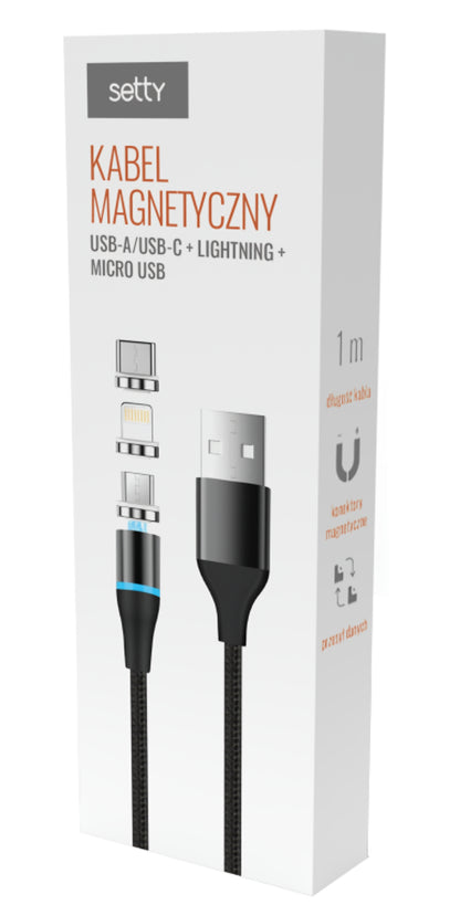 Nabíjací kábel USB-A - Lightning / microUSB / USB-C Setty Magnetic DT 3in1, 12.5W, 1m, čierny
