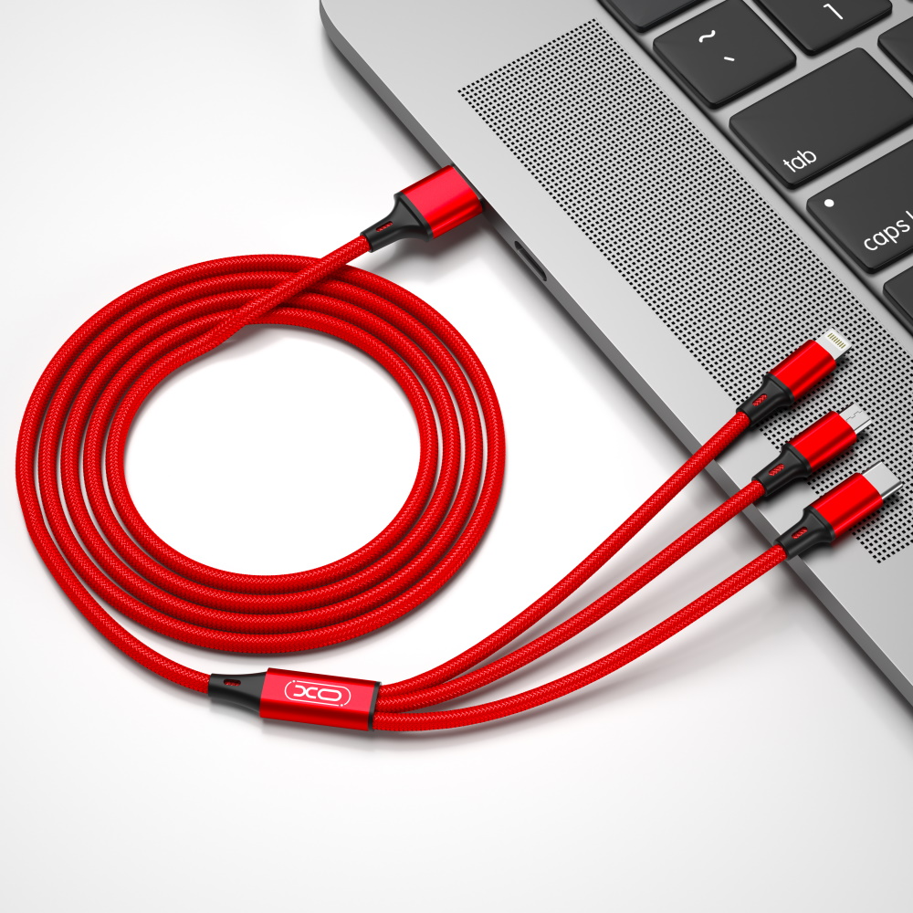 Nabíjací kábel USB-A - Lightning / microUSB / USB-C XO Design NB173 3v1, 18W, 1.2m, Červený