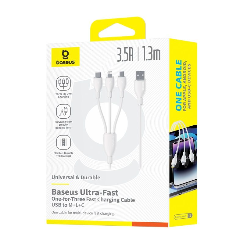 USB-A nabíjací kábel - Lightning / microUSB / USB-C Baseus Ultra Fast 3v1, 18W, 1,3 m, biely P10376303211-00