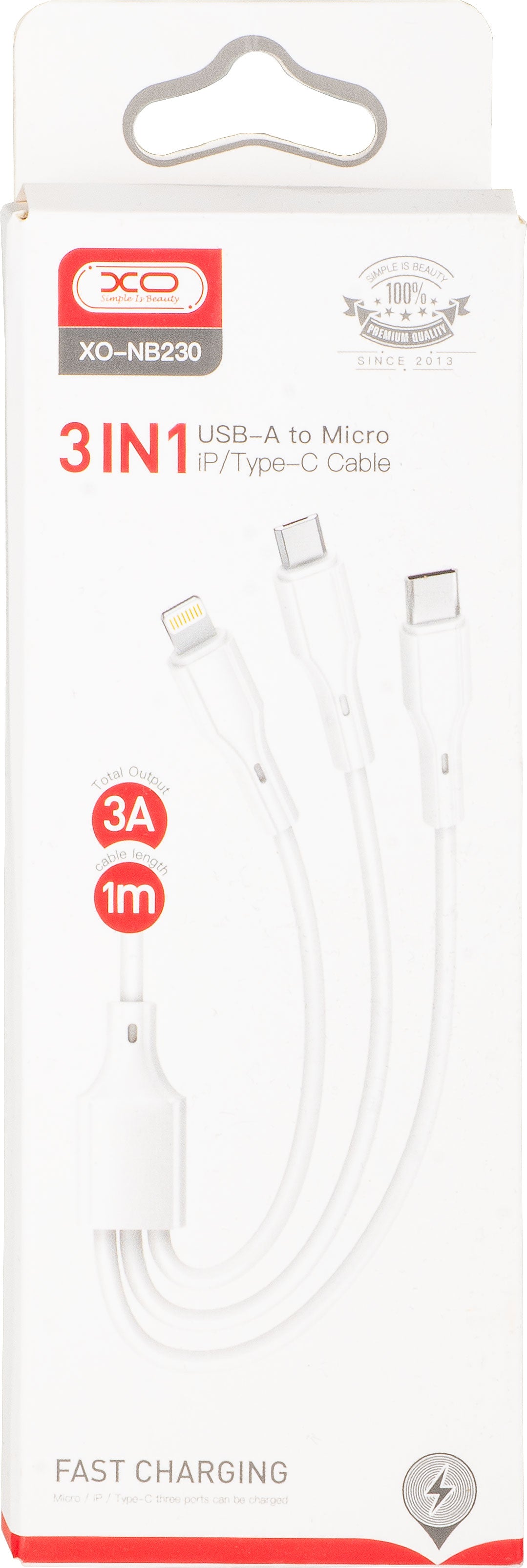 Nabíjací kábel USB-A - Lightning / microUSB / USB-C XO Design NB230 3v1, 20W, 1m, Biela