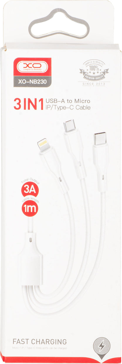 Nabíjací kábel USB-A - Lightning / microUSB / USB-C XO Design NB230 3v1, 20W, 1m, Biela