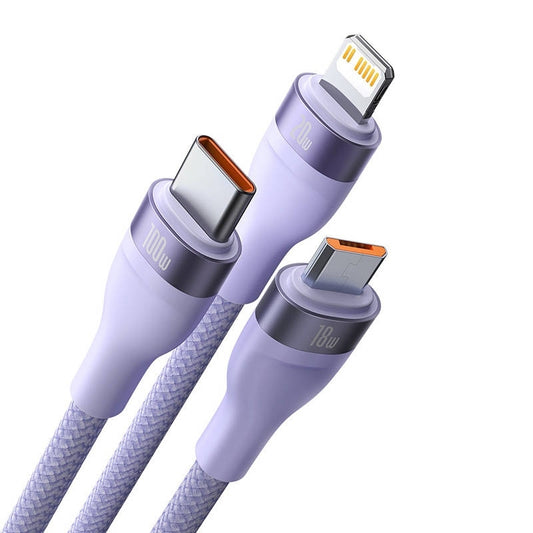 Nabíjací kábel USB-A - Lightning / microUSB / USB-C Baseus Flash Series II 3in1, 100W, 1.2m, Fialový CASS030005