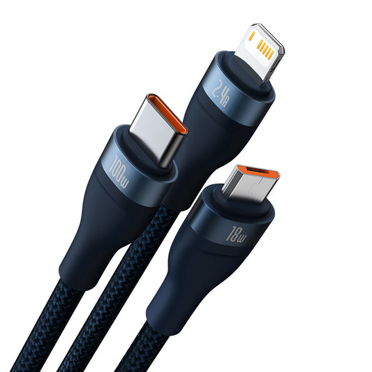 Nabíjací kábel USB-A - Lightning / microUSB / USB-C Baseus Flash Series II 3in1, 66W, 1.2m, Modrý CASS040003