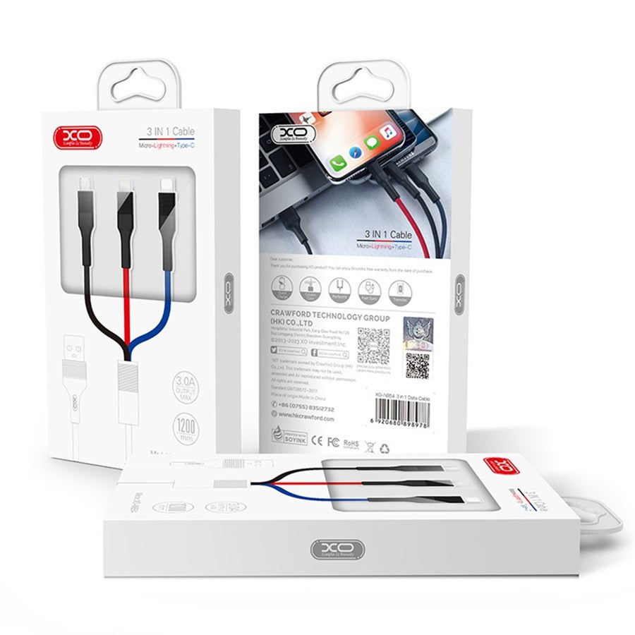 Nabíjací kábel USB-A - Lightning / microUSB / USB-C XO Design NB54, 18W, 1.2m, Multicolor