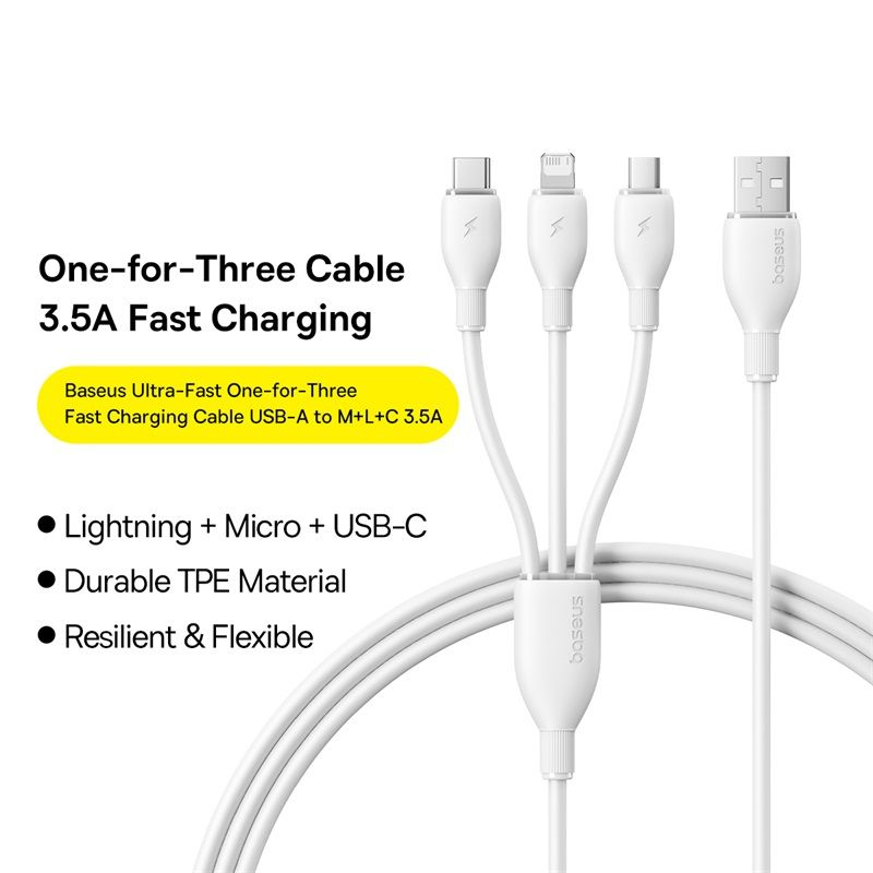 USB-A nabíjací kábel - Lightning / microUSB / USB-C Baseus Ultra Fast 3v1, 18W, 1,3 m, biely P10376303211-00