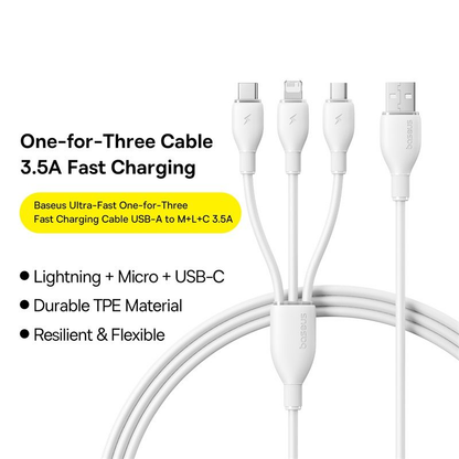 USB-A nabíjací kábel - Lightning / microUSB / USB-C Baseus Ultra Fast 3v1, 18W, 1,3 m, biely P10376303211-00