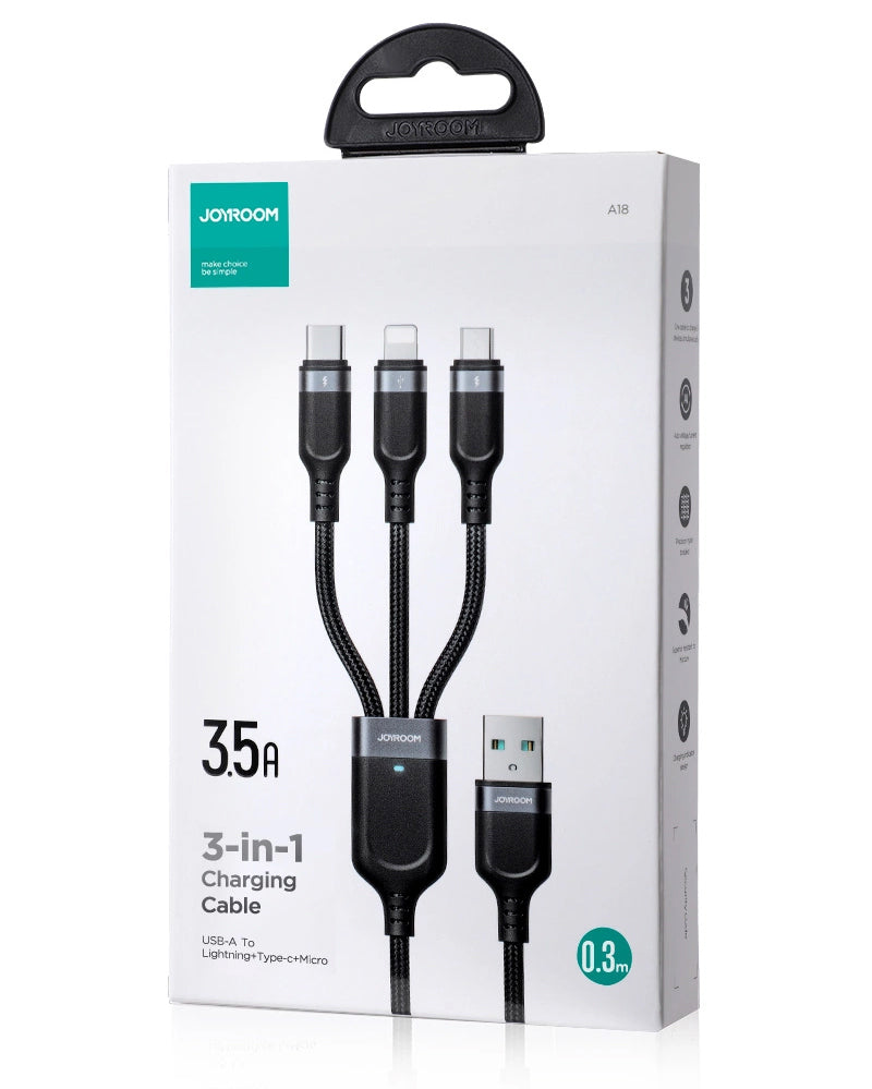 Nabíjací kábel USB-A - Lightning / microUSB / USB-C Joyroom S-A18 3v1, 20W, 0.3m, Čierny