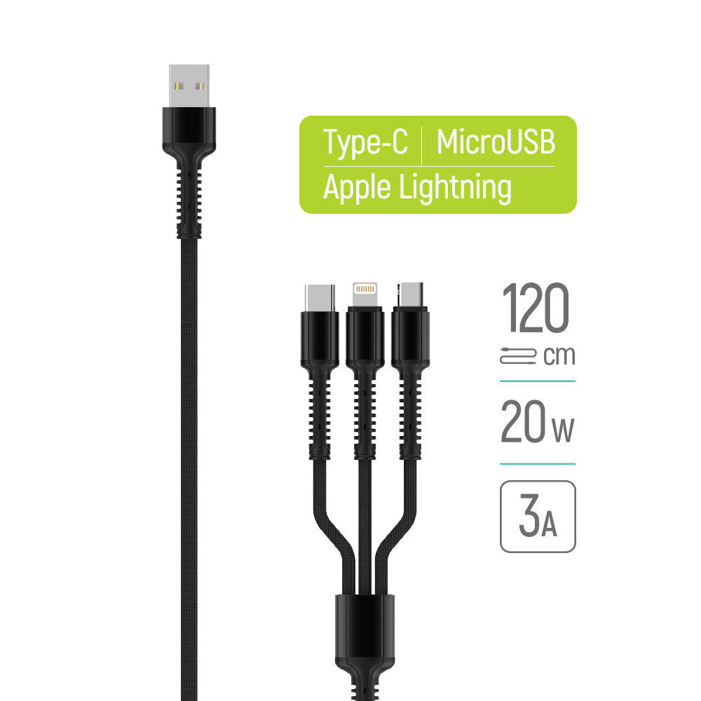 Nabíjací kábel USB-A - Lightning / microUSB / USB-C ColorWay CW-CBU3003, 20W, 1.2m, Sivý