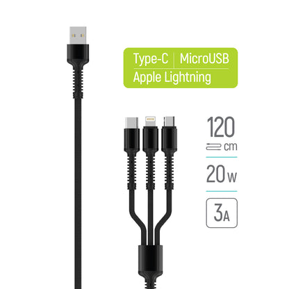 Nabíjací kábel USB-A - Lightning / microUSB / USB-C ColorWay CW-CBU3003, 20W, 1.2m, Sivý