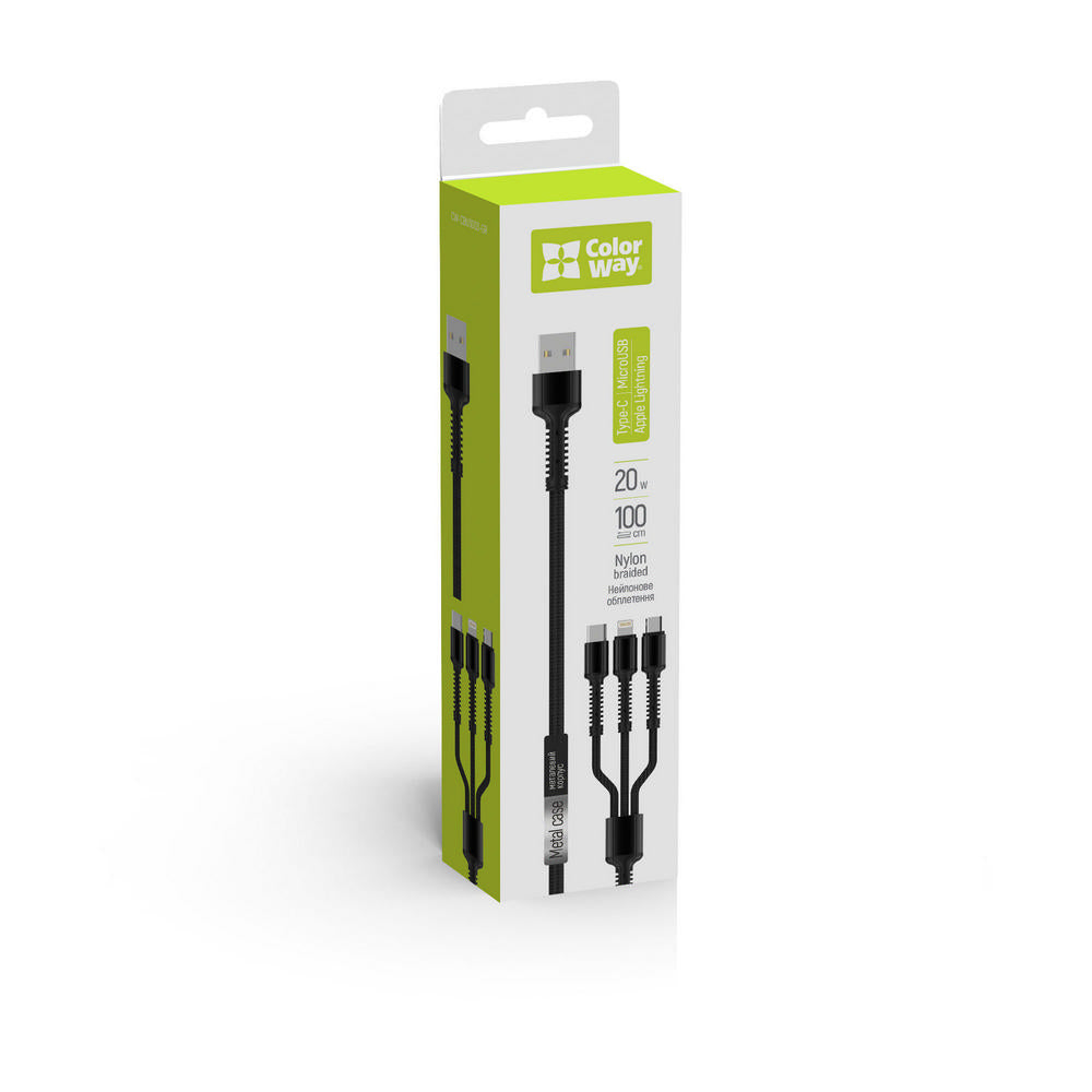 Nabíjací kábel USB-A - Lightning / microUSB / USB-C ColorWay CW-CBU3003, 20W, 1.2m, Sivý
