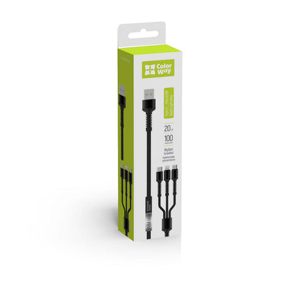 Nabíjací kábel USB-A - Lightning / microUSB / USB-C ColorWay CW-CBU3003, 20W, 1.2m, Sivý