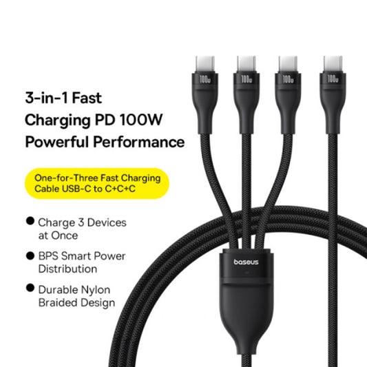 USB-C nabíjací kábel - 3 x USB-C Baseus Flash Series III 3in1, 100W, 1.5m, Čierny P10377503111-00