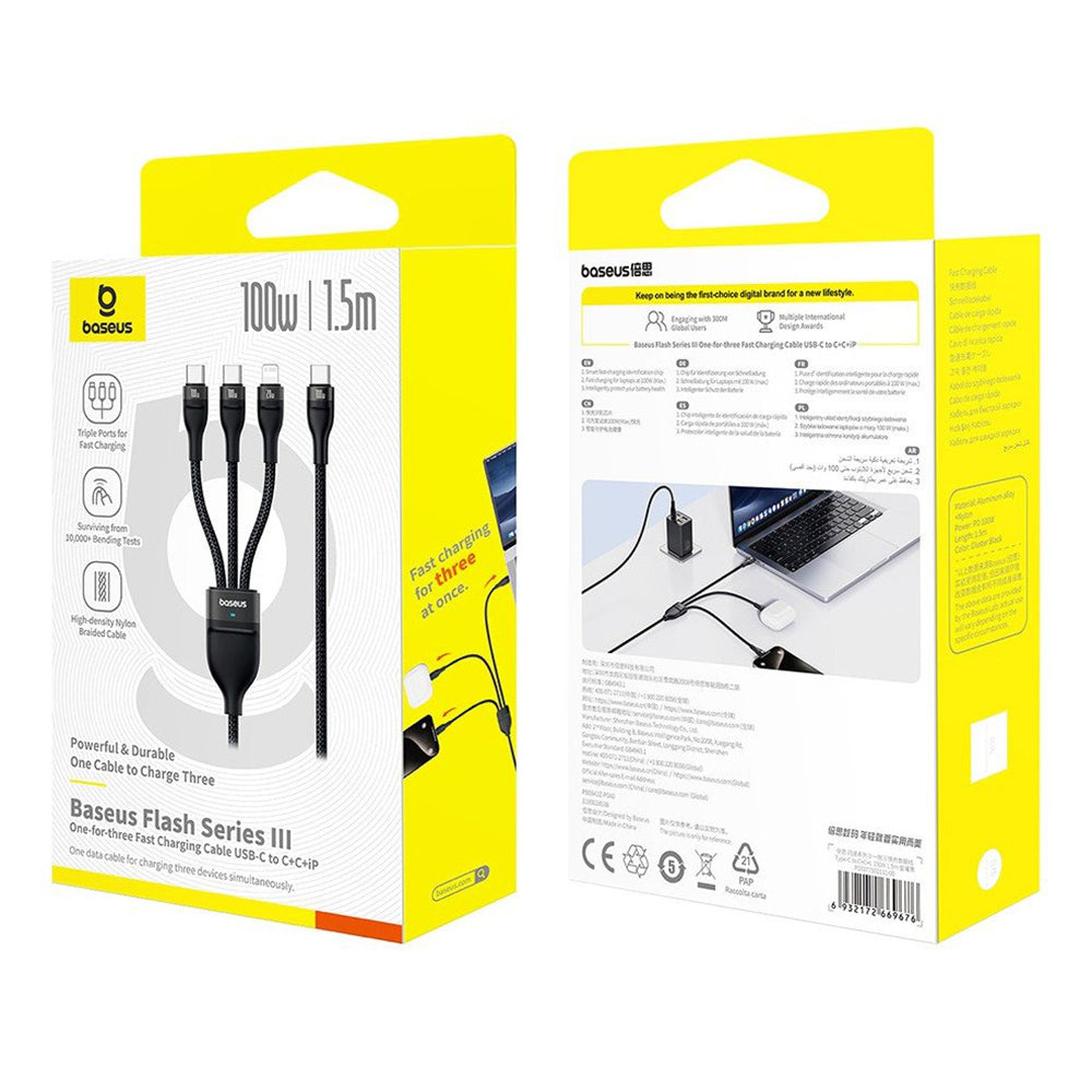 Nabíjací kábel USB-C - Lightning / 2 x USB-C Baseus Flash Series III 3in1, 100W, 1.5m, Čierny P10377502111-00