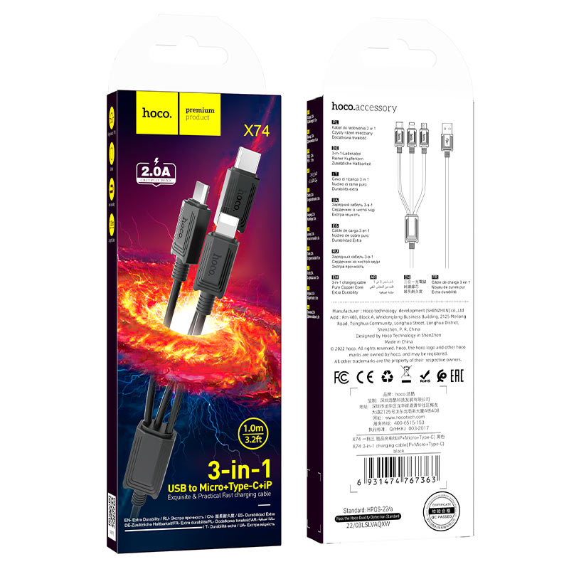 Nabíjací kábel USB-A - Lightning / microUSB / USB-C HOCO X74 3v1, 18W, 1m, Čierny