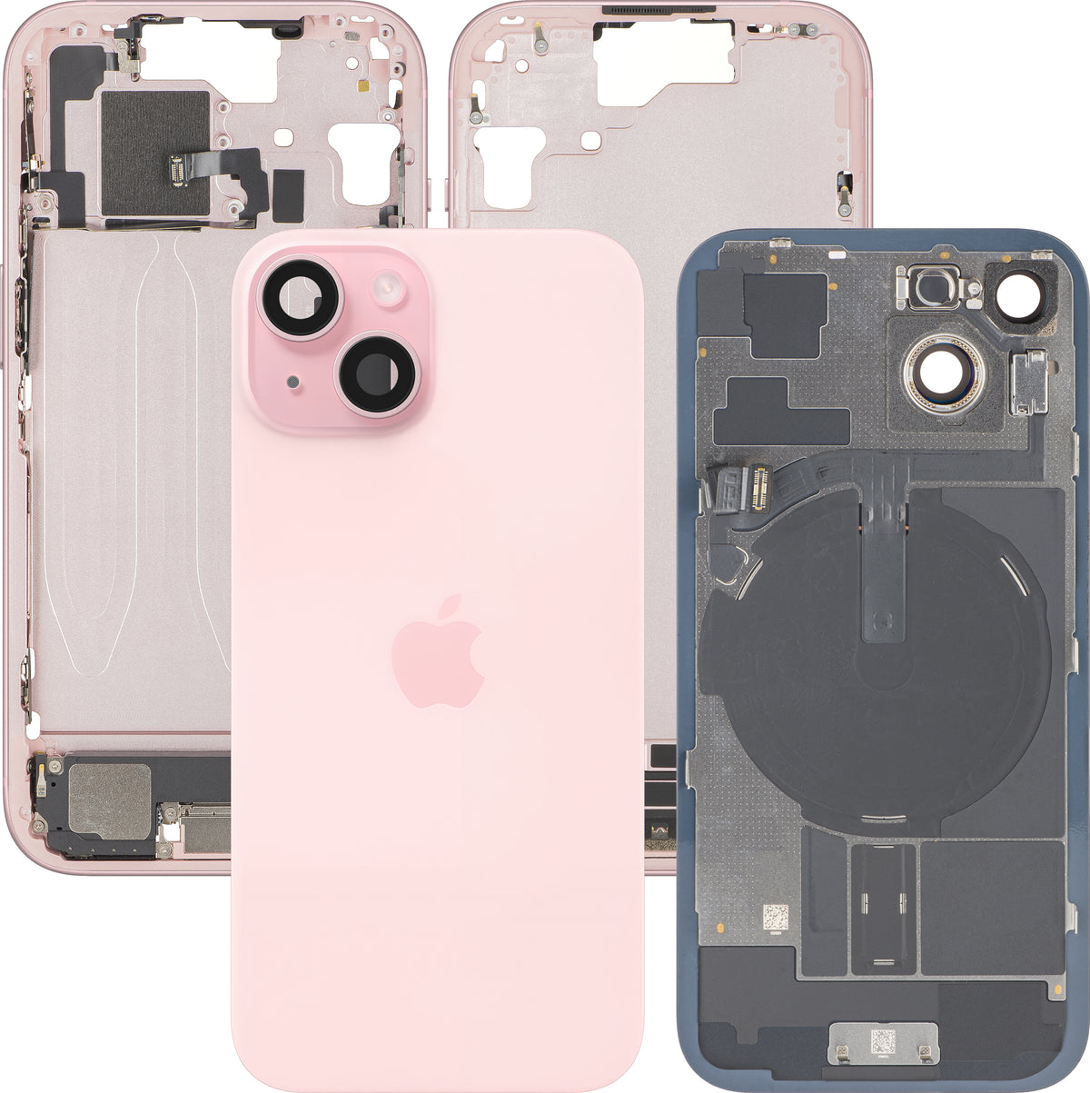 Kryt batérie Apple iPhone 15, so stredným rámom, kompletné diely, ružový, prémiová výmena