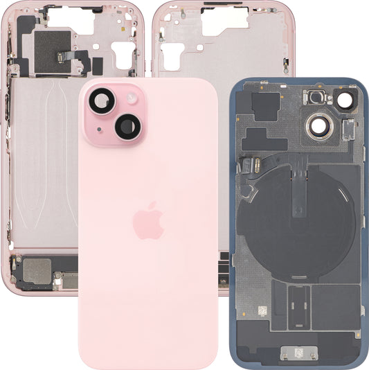 Kryt batérie Apple iPhone 15, so stredným rámom, kompletné diely, ružový, prémiová výmena
