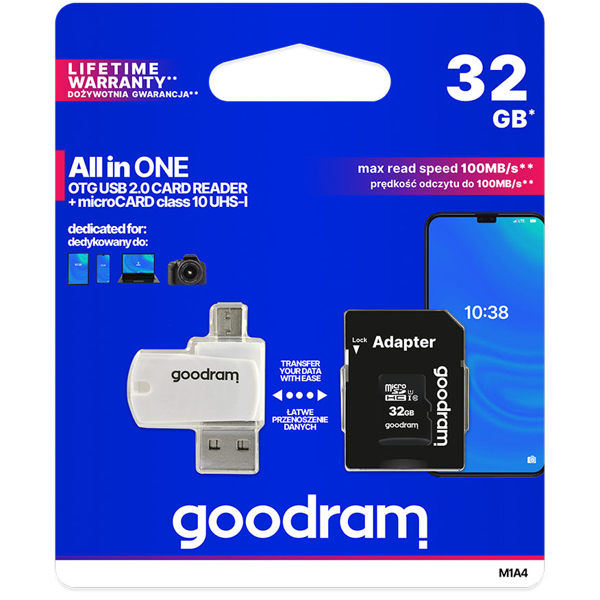 Pamäťová karta microSDHC GoodRam, 32GB, trieda 10 / UHS-1 U1, s čítačkou kariet a adaptérom M1A4-0320R12
