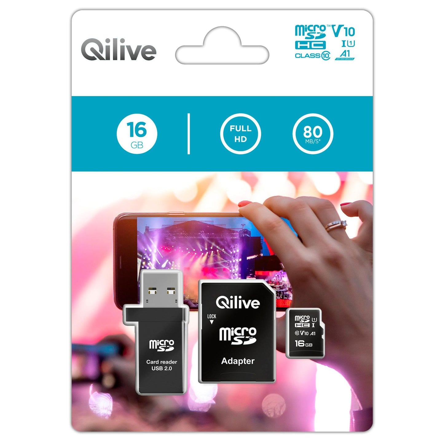 Qilive microSDHC Memory Card, 16GB, Class 10, With Card Reader and Adapter EKMSDM16GHC10QL
