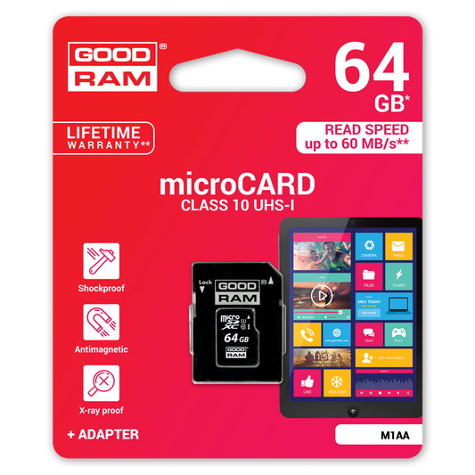 Pamäťová karta microSDXC GoodRam, 64GB, trieda 10 / UHS-1 U1, s adaptérom M1AA-0640R12