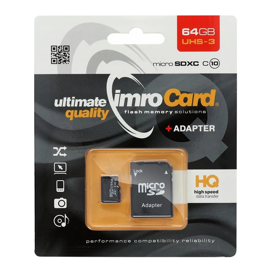 Pamäťová karta microSDXC Imro, 64GB, trieda 10 / UHS-1 U3, s adaptérom