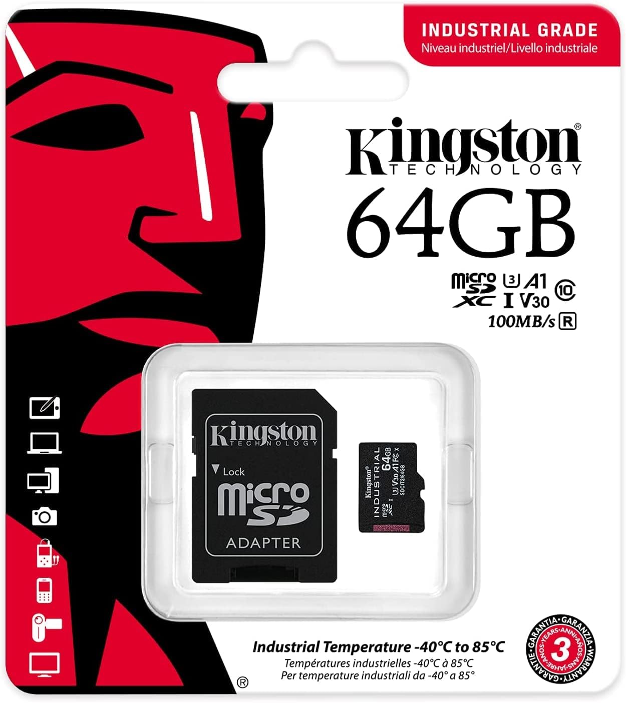 Pamäťová karta microSDXC Kingston Industrial, 64Gb, Trieda 10 / UHS-1 U3, S adaptérom SDCIT2/64GB