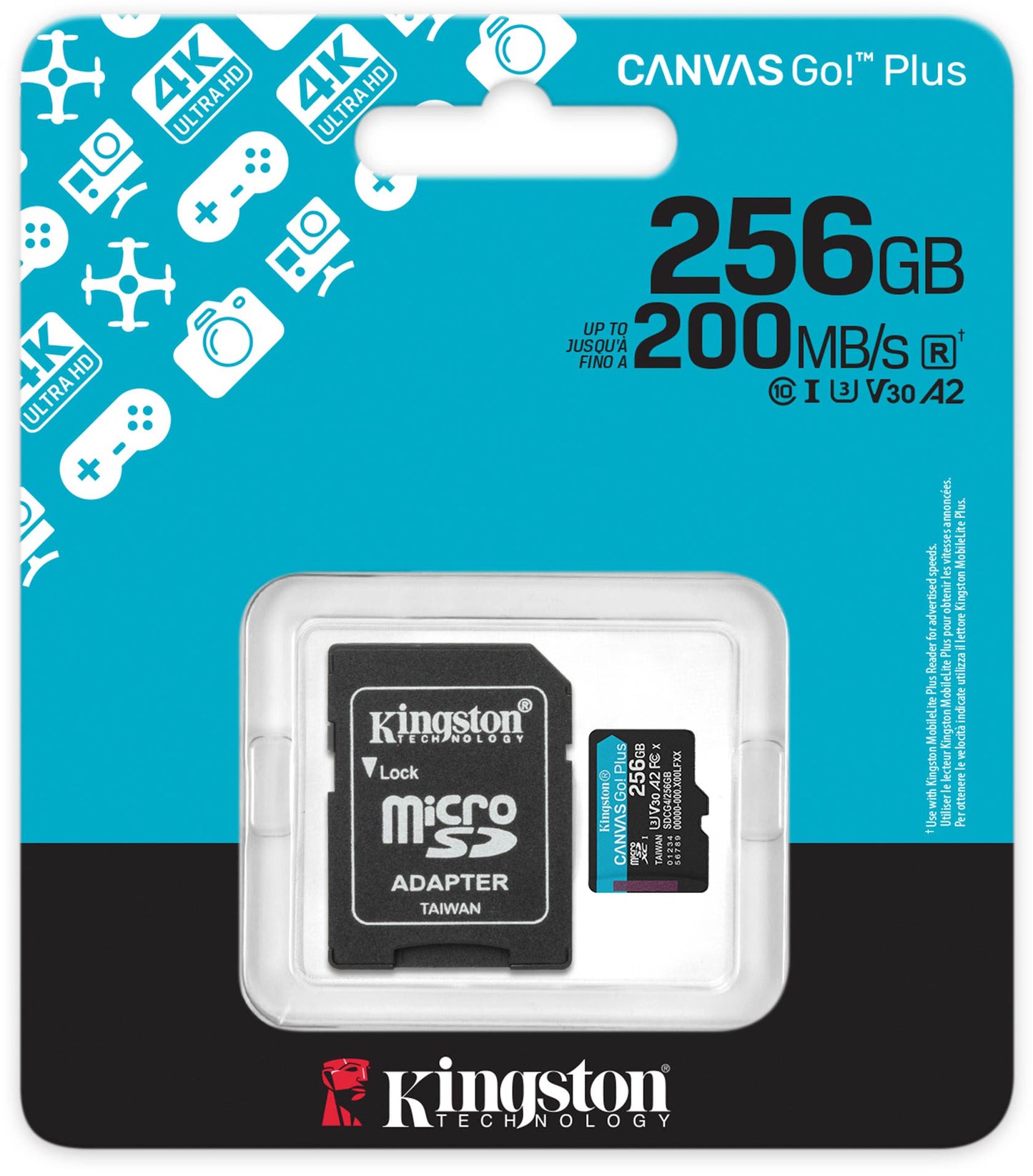 Pamäťová karta microSDXC Kingston Canvas Go Plus Android A2, 256Gb, Trieda 10 / UHS-1 U3, S adaptérom SDCG4/256GB