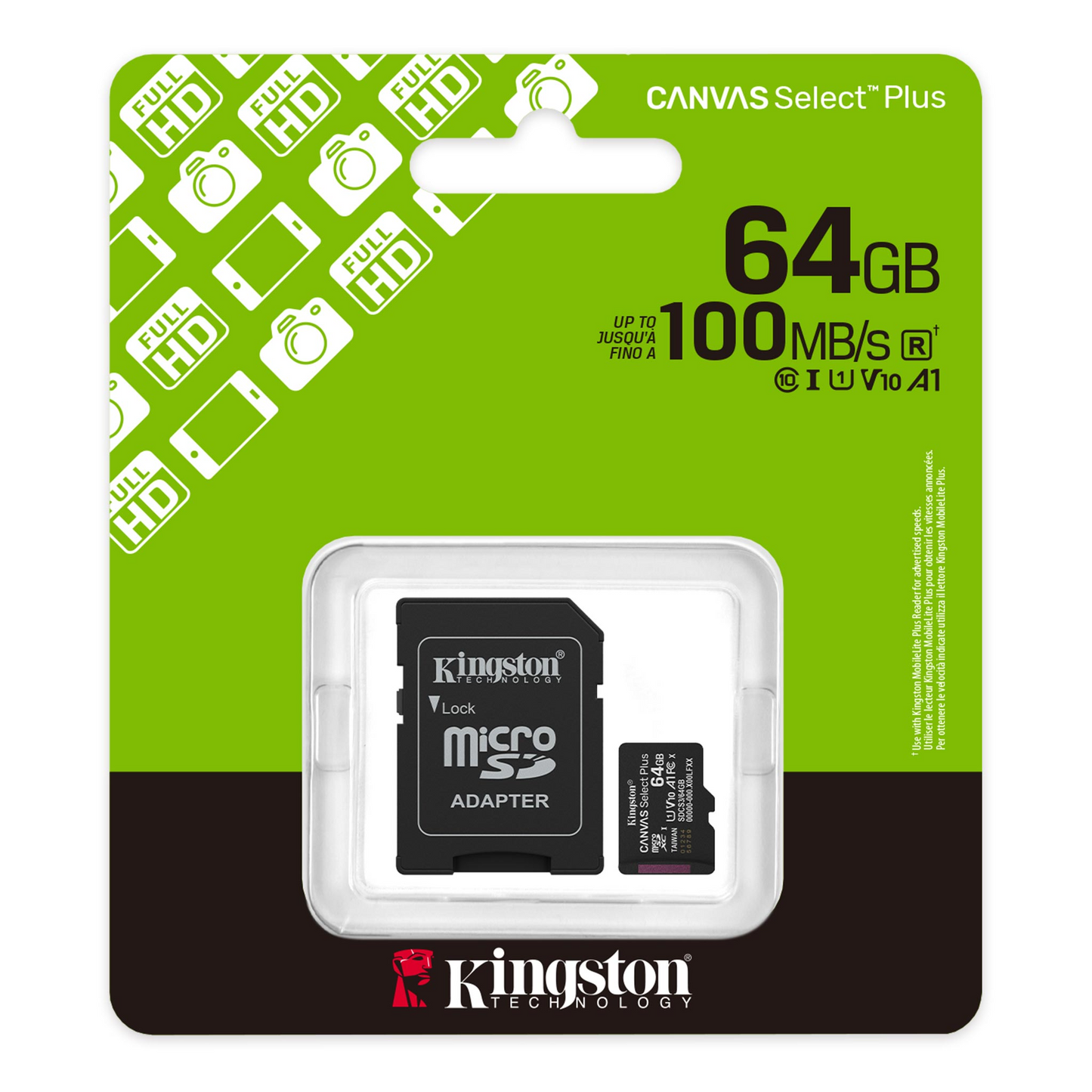 Pamäťová karta microSDXC Kingston Canvas Select Plus Android A1, 64Gb, Trieda 10 / UHS-1 U1, S adaptérom SDCS3/64GB