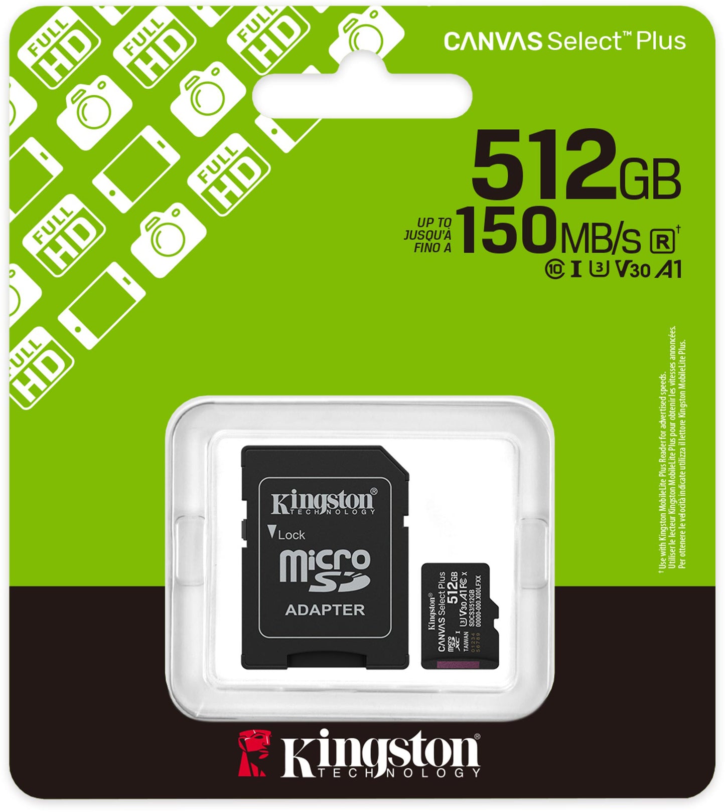 Pamäťová karta microSDXC Kingston Canvas Select Plus Android A1, 512Gb, Trieda 10 / UHS-1 U3, S adaptérom SDCS3/512GB