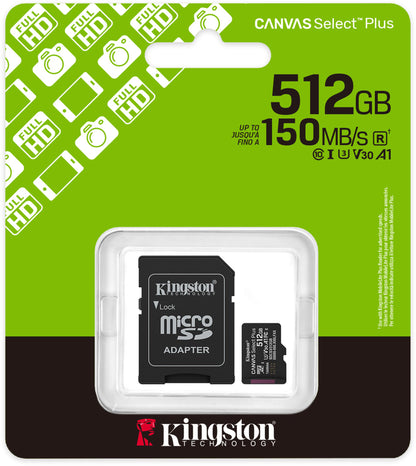 Pamäťová karta microSDXC Kingston Canvas Select Plus Android A1, 512Gb, Trieda 10 / UHS-1 U3, S adaptérom SDCS3/512GB