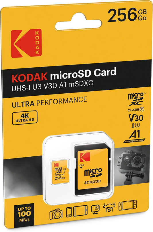 Pamäťová karta microSDXC Kodak, 256GB, trieda 10 / UHS-1 U3, s adaptérom EKMSDM256GXC10HPRK