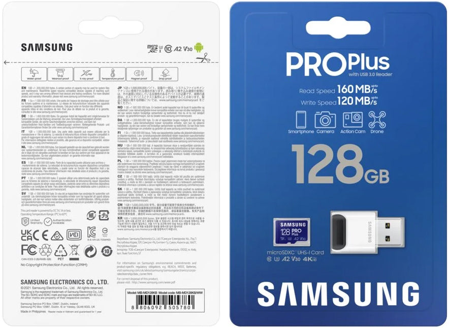 Pamäťová karta microSDXC Samsung PRO Plus, 128Gb, Trieda 10 / UHS-1 U3, S čítačkou kariet a adaptérom MB-MD128KB/WW