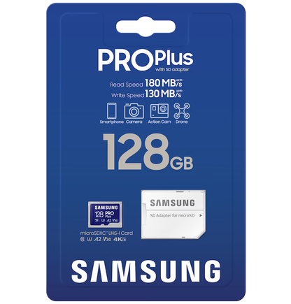 Pamäťová karta microSDXC Samsung PRO Plus, 128Gb, Trieda 10 / UHS-1 U3, S adaptérom MB-MD128SA/EU