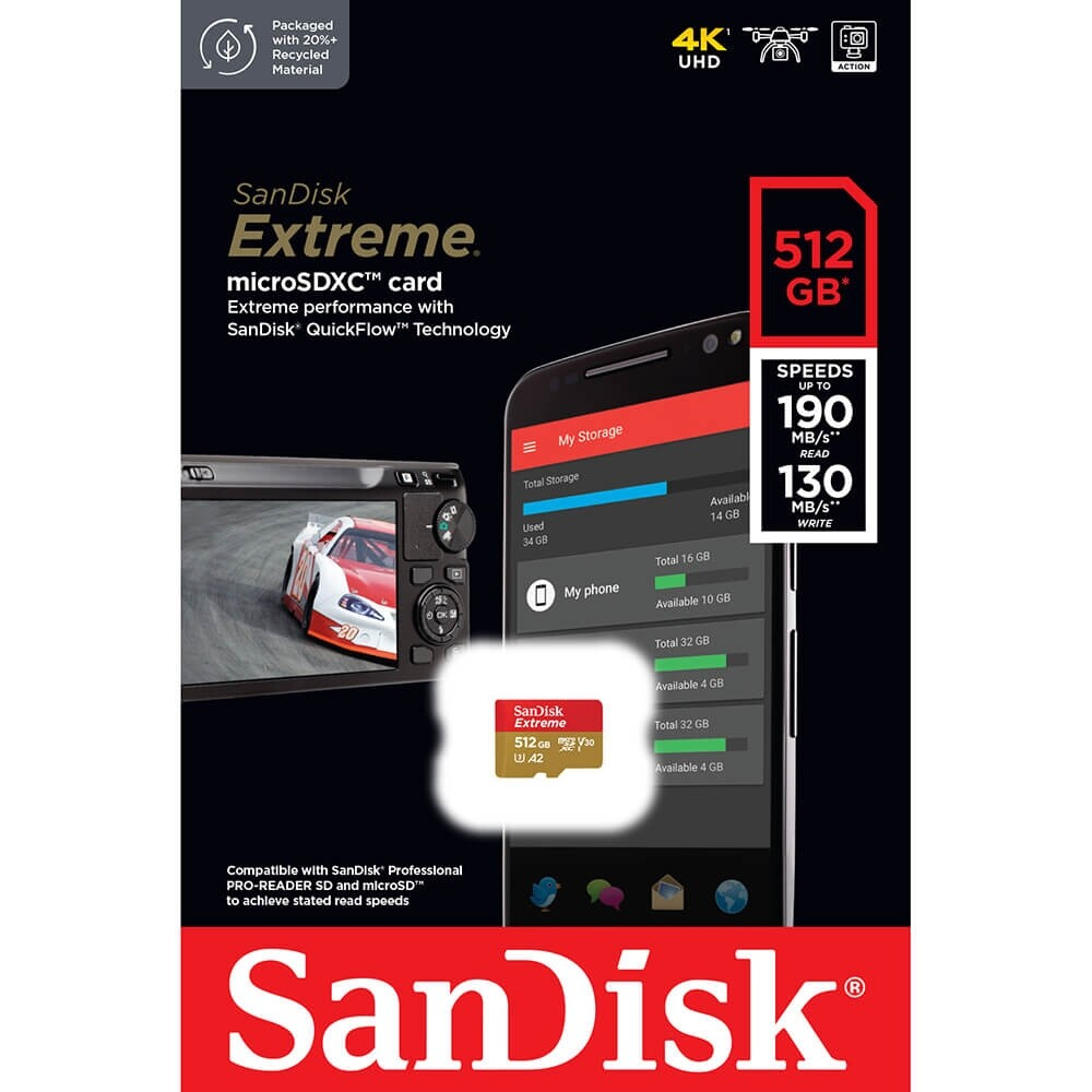 Pamäťová karta microSDXC SanDisk Extreme, 512Gb, Trieda 10 / UHS-1 U3 SDSQXAV-512G-GN6MN