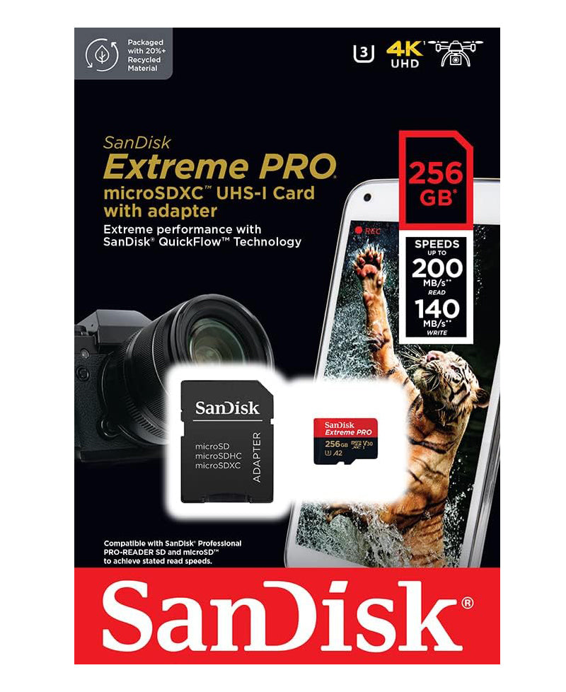 Pamäťová karta microSDXC SanDisk Extreme Pro, 256Gb, Trieda 10 / UHS-1 U3, S adaptérom SDSQXCD-256G-GN6MA