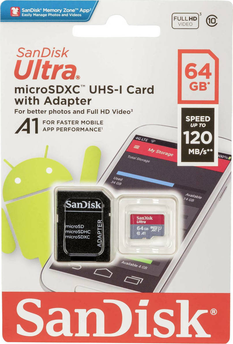 Pamäťová karta microSDXC SanDisk Ultra Android A1, 64Gb, Trieda 10 / UHS-1 U1, S adaptérom SDSQUAB-064G-GN6MA