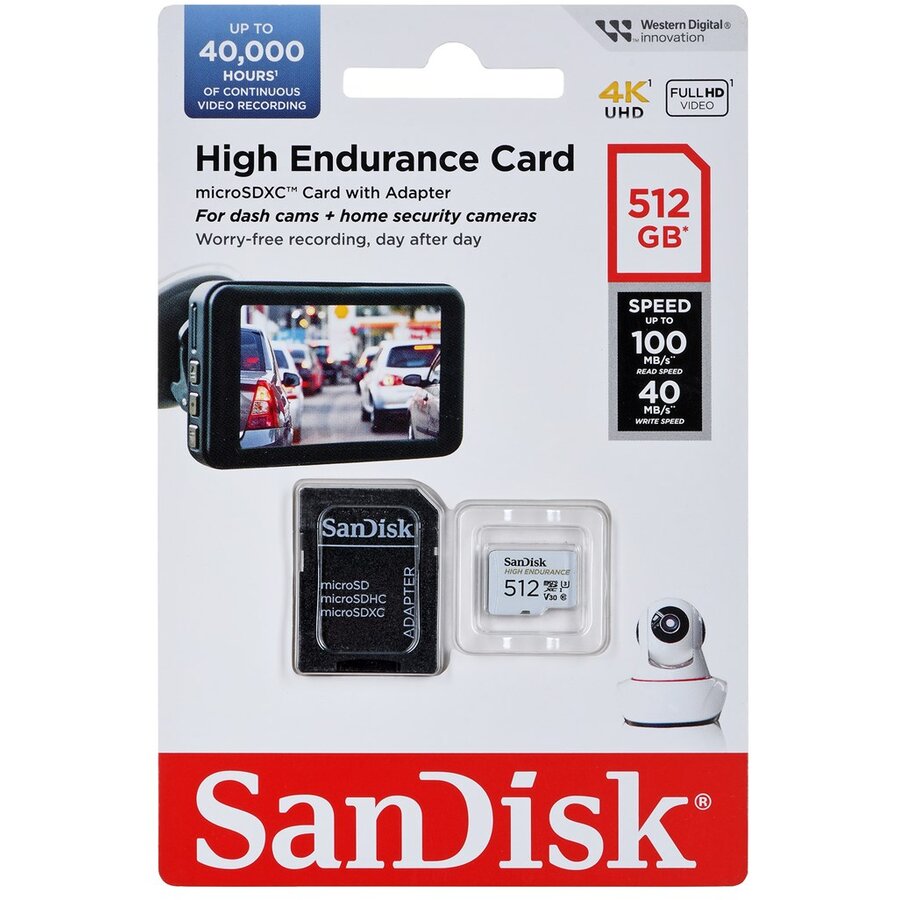 Pamäťová karta microSDXC SanDisk High Endurance, 512Gb, Trieda 10 / UHS-1 U3, S adaptérom SDSQQNR-512G-GN6IA