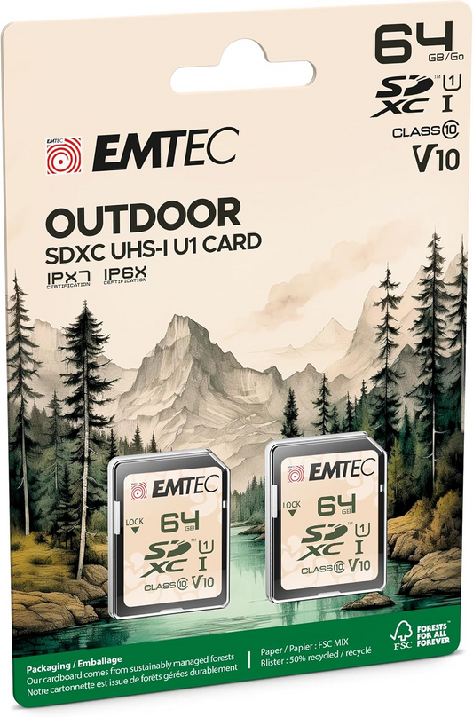 Pamäťová karta SDXC Emtec Rugged Outdoor, 64GB, trieda 10 / UHS-1 U1, sada 2 kusy ECMSD64GXCU1ORP2