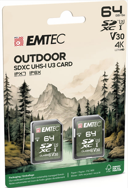 Pamäťová karta SDXC Emtec Rugged Outdoor, 64GB, trieda 10 / UHS-1 U3, sada 2 kusy ECMSD64GXCU3ORP