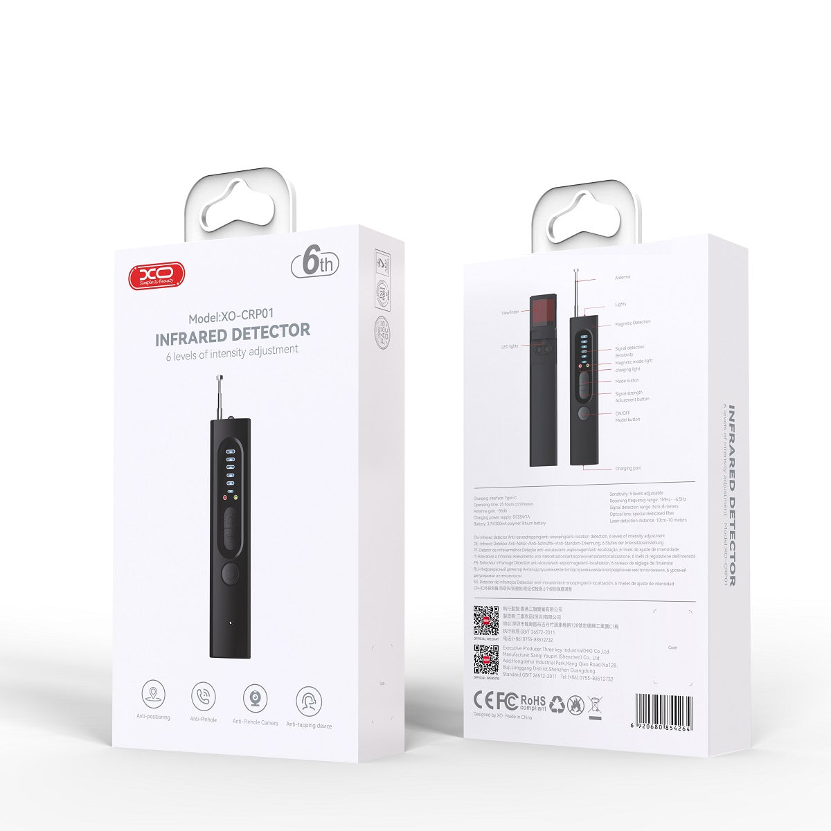 IR detektor GSM zariadení / skrytých mikrofónov / GPS lokalizátorov XO Design CRP01, Čierny