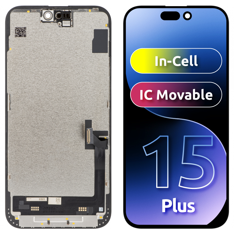 Displej s dotykovou obrazovkou JK pre Apple iPhone 15 Plus, s rámom, verzia LCD In-Cell IC Movable, čierna
