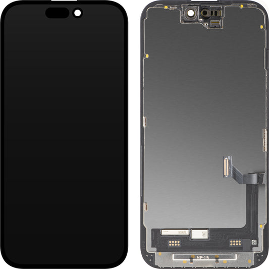 Displej s dotykovou obrazovkou MP kompatibilný s Apple iPhone 15, s rámom, prémiová verzia Soft OLED FHD 120Hz diagnostický, čierny