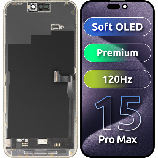 Displej s dotykovou obrazovkou MP kompatibilný s Apple iPhone 15 Pro Max, s rámom, prémiová verzia Soft OLED FHD 120Hz, čierny