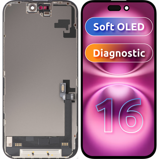 Displej s dotykovým MP kompatibilný s Apple iPhone 16, s rámom, verzia Soft OLED FHD Diagnostic, čierna