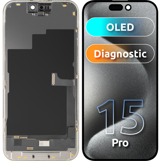 Displej s dotykovou obrazovkou MP kompatibilný s Apple iPhone 15 Pro, s rámom, verzia OLED FHD Diagnostic, čierna